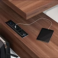 Modern Office Desk And Chair Combination With Wooden Brown Table And Black Chairs