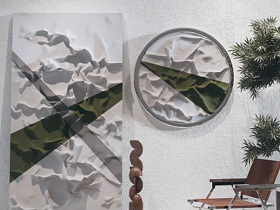 Modern Wall Decor with 3D Textured Panels Circular Artwork Green Accents and Potted Plant 3d model