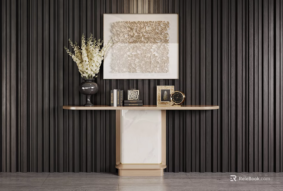 Modern Console Table With Marble Top Dark Vertical Striped Wall And Decorative Items 3d model 