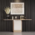 Modern Console Table With Marble Top Dark Vertical Striped Wall And Decorative Items