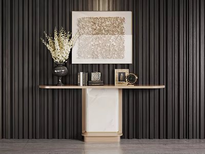 Modern Console Table With Marble Top Dark Vertical Striped Wall And Decorative Items 3d model