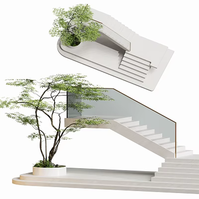 Modern Staircase Design With Glass Railing White Steps And Green Plant 3d model