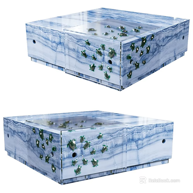 Modern Coffee Table With Blue White Marbled Pattern And Green Decorative Accents 3d model
