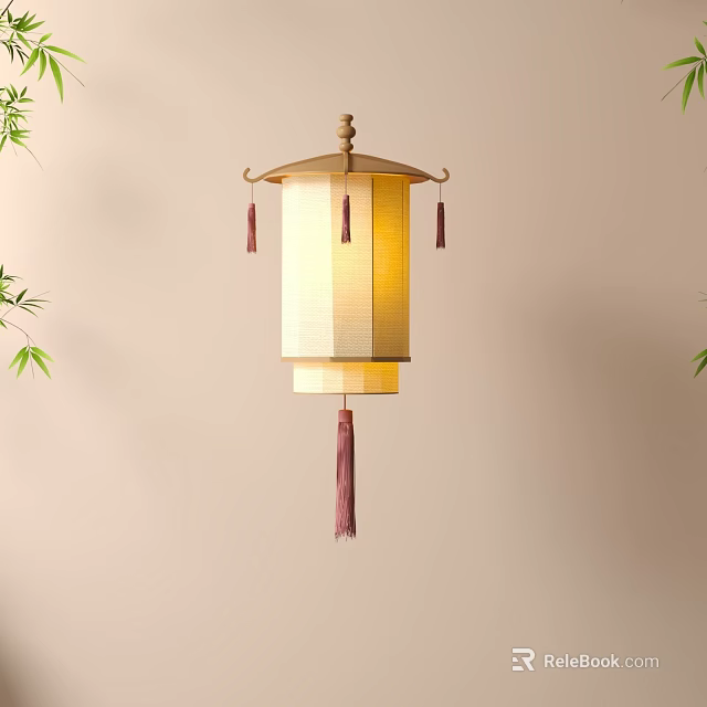 Chinese Traditional Lantern With Paper Shade Wooden Frame Hanging Tassels Bamboo Leaves And Beige Wall 3d model 