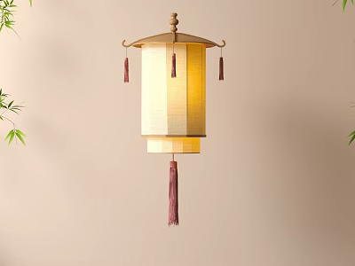 Chinese Traditional Lantern With Paper Shade Wooden Frame Hanging Tassels Bamboo Leaves And Beige Wall 3d model