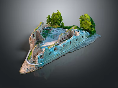 Cartoon Scene With Castle Ruins Green Trees Water Area And Lush Grass 3d model