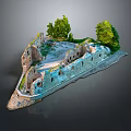 Cartoon Scene With Castle Ruins Green Trees Water Area And Lush Grass