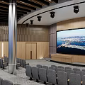 Modern Conference Room With Gray Seats Large Screen And Wooden Ceiling