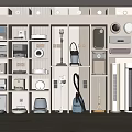 Organized Display of Various Household Appliances on Shelves with Modern Storage Design