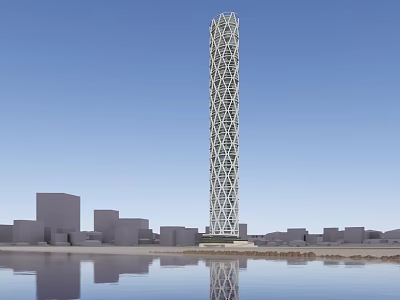 Tall Modern Office Building With Unique Lattice Structure Over Waterfront And City Skyline 3d model