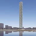 Tall Modern Office Building With Unique Lattice Structure Over Waterfront And City Skyline