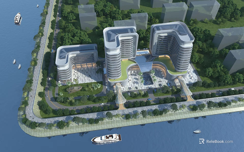 Modern Waterfront Office Buildings With Multiple Structures Green Roofs Surrounding Greenery Roads And Boats 3d model 