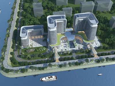 Modern Waterfront Office Buildings With Multiple Structures Green Roofs Surrounding Greenery Roads And Boats 3d model