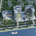Modern Waterfront Office Buildings With Multiple Structures Green Roofs Surrounding Greenery Roads And Boats