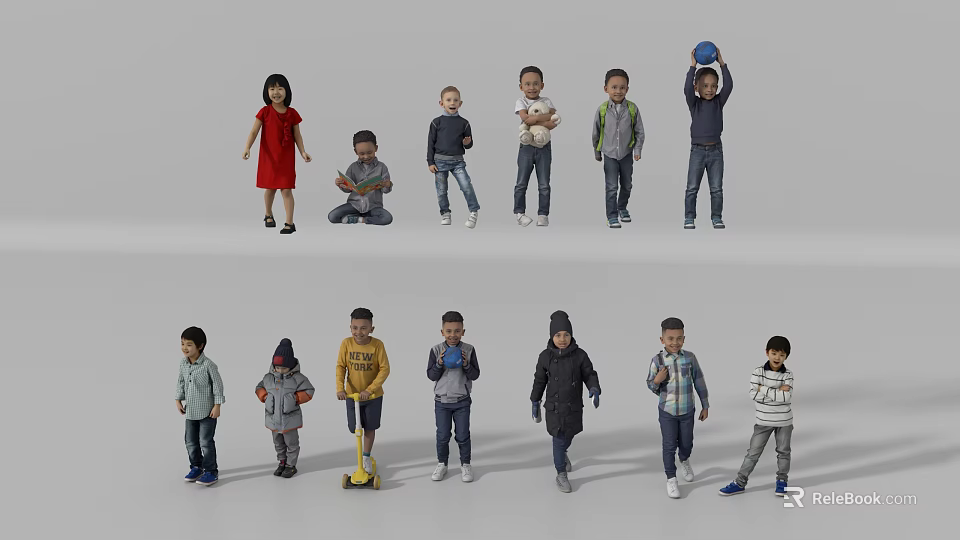 Children in Different Poses Standing Sitting Playing With Ball and Casual Outfits 3d model 