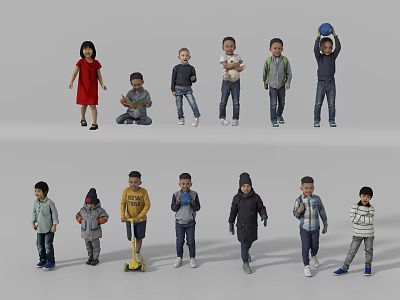 Children in Different Poses Standing Sitting Playing With Ball and Casual Outfits 3d model