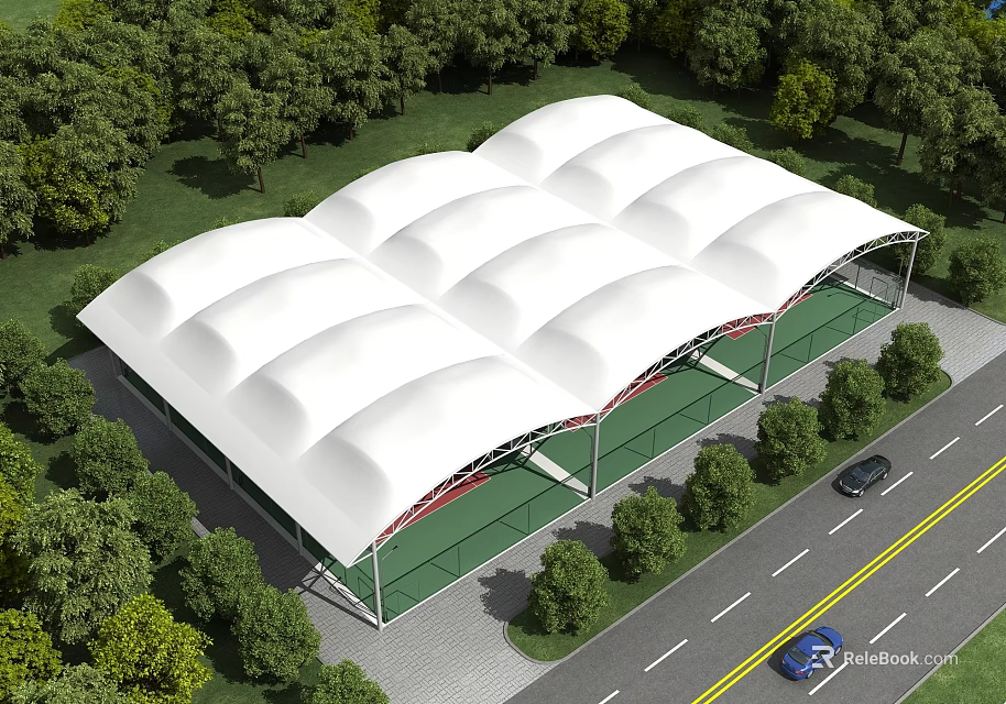 White Tensile Membrane Roof Structure Covering Outdoor Area With Greenery And Road 3d model 