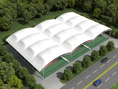 White Tensile Membrane Roof Structure Covering Outdoor Area With Greenery And Road 3d model