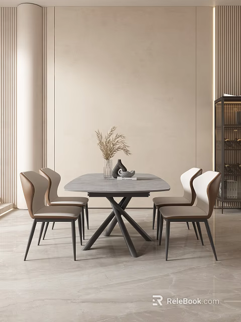 Elegant Dining Table Set With Gray Marble Tabletop Four Beige Leather Chairs And Vase Decoration 3d model 