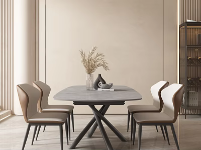Elegant Dining Table Set With Gray Marble Tabletop Four Beige Leather Chairs And Vase Decoration 3d model