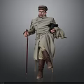 Vintage Long Trench Coat With Hat Cane And Leather Boots On Wooden Chair