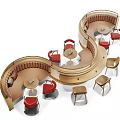 Public Chair Design With Curved Wooden Seating And Tables For Casual Public Area