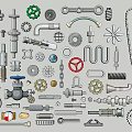 Various Mechanical Parts Silhouettes Featuring Gears Chains Bolts And Engineering Components 3d model
