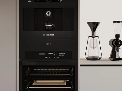 Black BOSCH Kitchen Appliances With Coffee Machine Oven And Glass Coffee Tools 3d model
