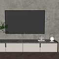 Modern TV Stand On Gray Wall With TV Decorative Plant And Herringbone Floor