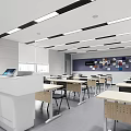 School Classroom Interior With Long Tables Chairs Ceiling Lights Large Screen Posters And Windows 3d model