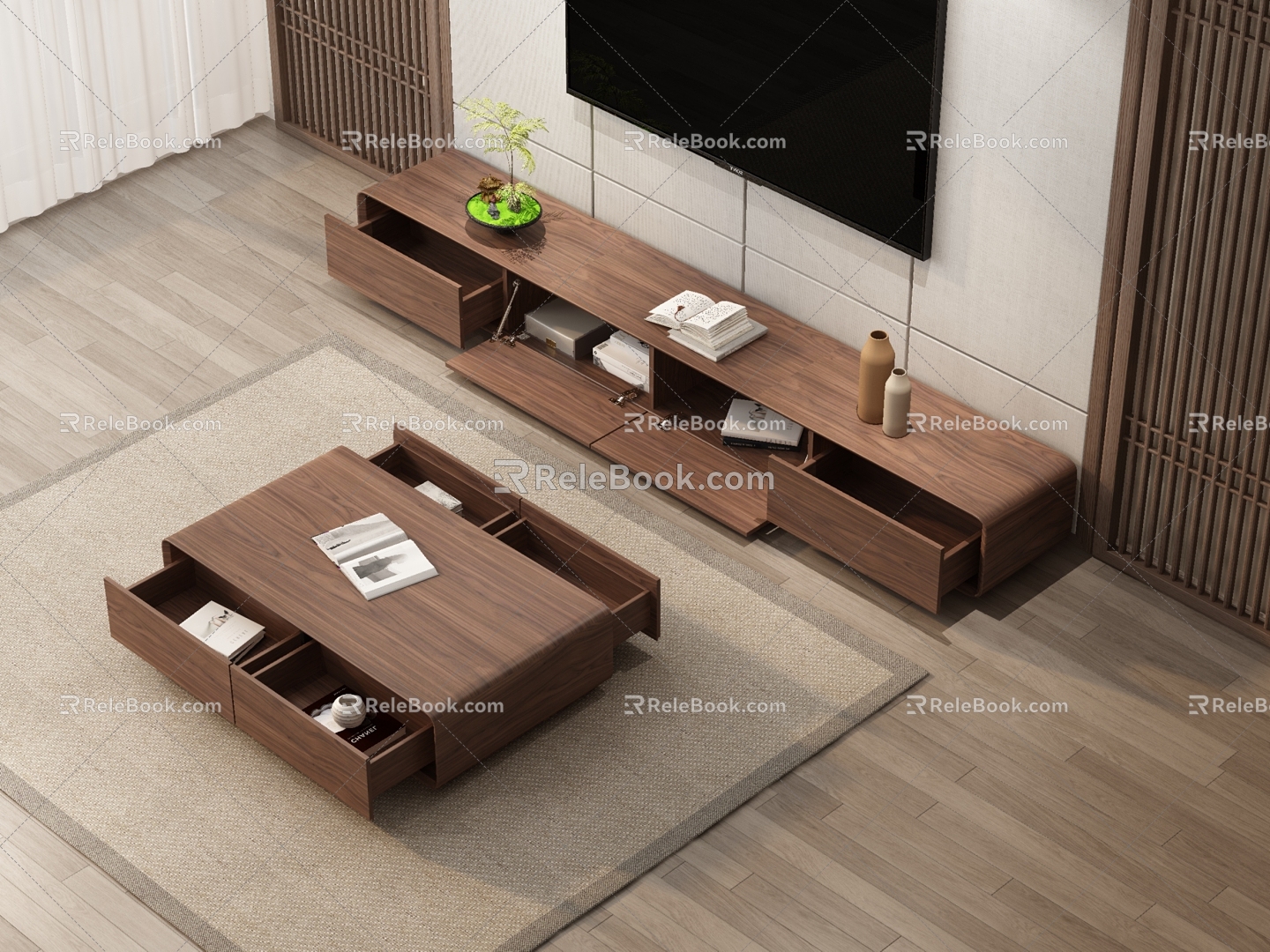 Style living room furniture coffee table TV cabinet with complete lighting and decoration model