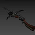 Ornate Skull Decorated Crossbow Featuring Golden Accent Red Blood Black Body Wooden Parts
