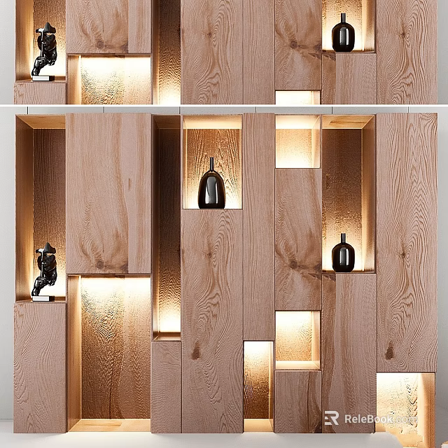 Modern Wooden Display Wall With Built In Lighting Decorative Bottles And Sculptures 3d model 