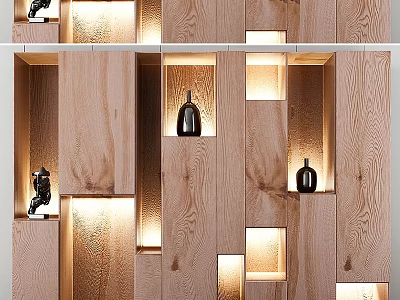 Modern Wooden Display Wall With Built In Lighting Decorative Bottles And Sculptures 3d model