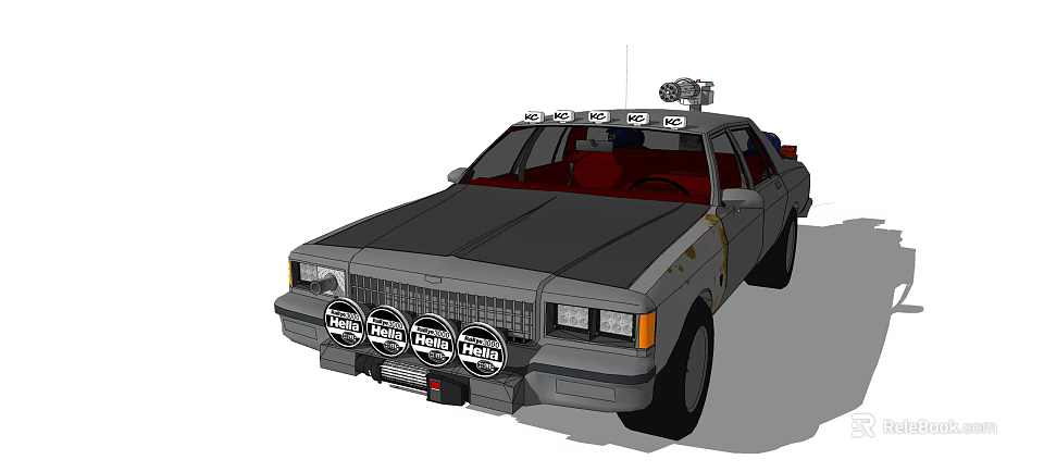 Vintage Gray Sedan With Front Round Spotlights And Roof Mounted Equipment 3d model 