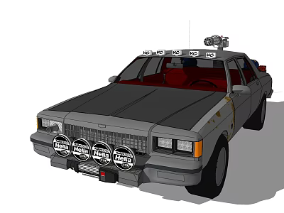 Vintage Gray Sedan With Front Round Spotlights And Roof Mounted Equipment 3d model