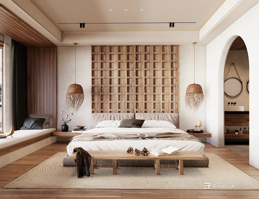 Modern Bedroom Interior With Wooden Lattice Wall Rattan Pendant Lights Bed Bench And Window Seat 3d model 