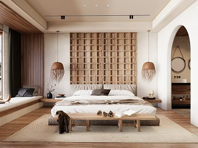 Modern Bedroom Interior With Wooden Lattice Wall Rattan Pendant Lights Bed Bench And Window Seat 3d model