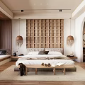 Modern Bedroom Interior With Wooden Lattice Wall Rattan Pendant Lights Bed Bench And Window Seat