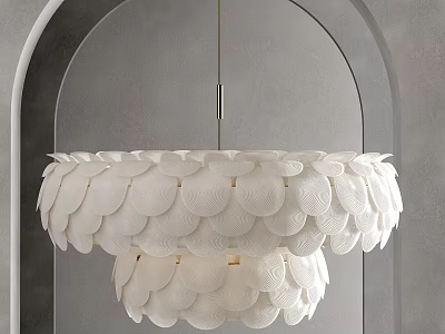 Elegant White Double Layer Scalloped Chandelier Hanging in Modern Arched Gray Background 3d model
