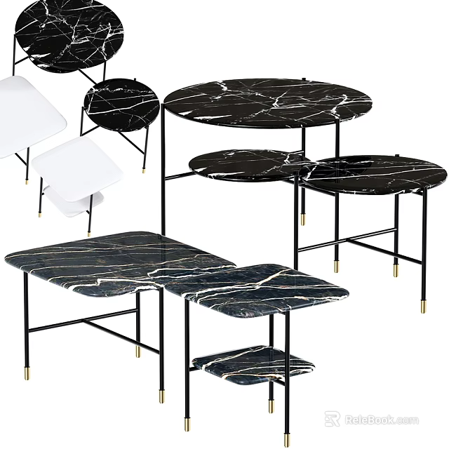 Modern Round Tables With Black Marble Top And Metal Gold Legs Design 3d model 