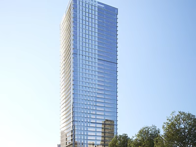 Modern High Rise Office Building With Glass Curtain Wall And Surrounding Trees Under Blue Sky 3d model