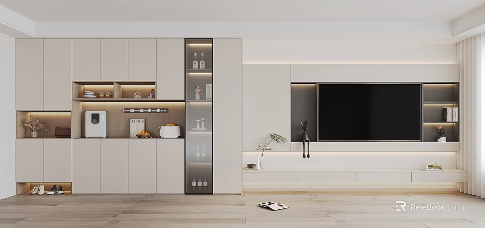 Modern TV Console Design With White Cabinets Glass Door Wine Rack And LED Lighting 3d model 