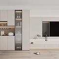 Modern TV Console Design With White Cabinets Glass Door Wine Rack And LED Lighting