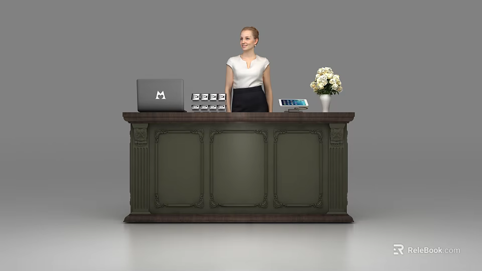 Dark Green Reception Desk With Carved Details Laptop Small Devices Tablet And Flower Vase 3d model 