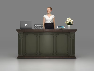 Dark Green Reception Desk With Carved Details Laptop Small Devices Tablet And Flower Vase 3d model