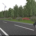 Municipal Road With Asphalt Pavement Lush Trees Colorful Flower Beds And Street Lights
