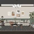 Warm Living Room Interior With Plush Sofa Coffee Table Framed Art Rug Plant And Chandelier