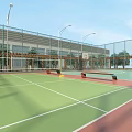 Outdoor Basketball Court Facility Including Fence Light Poles And Building