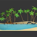 Tropical Garden Landscape Featuring Palm Trees Sandy Beach Wooden Deck Blue Water And Dolphins